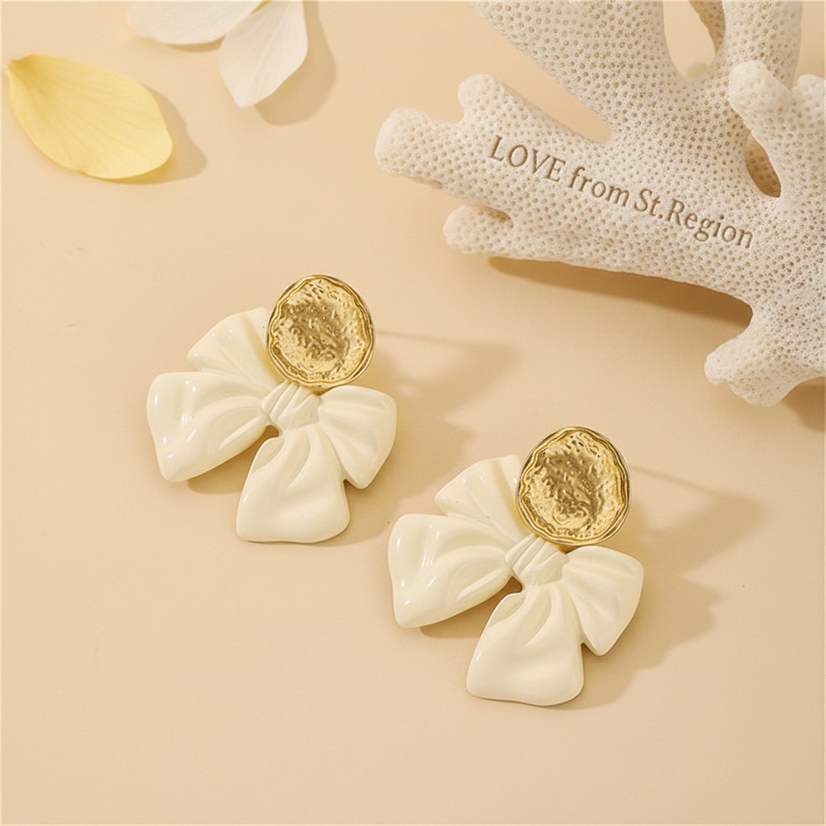 Enamel and 18K Gold-Plated Bow Drop Earrings, gold drop earrings for women, elegant gift for her, lifestyle look