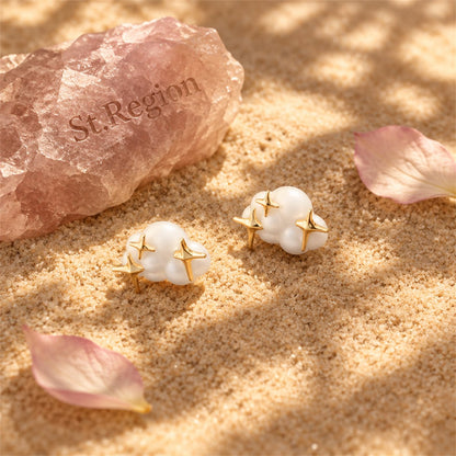 White Acrylic and 18K Gold-Plated Cloud Star Stud Earrings, gold stud earrings for women, everyday style, detail close-up