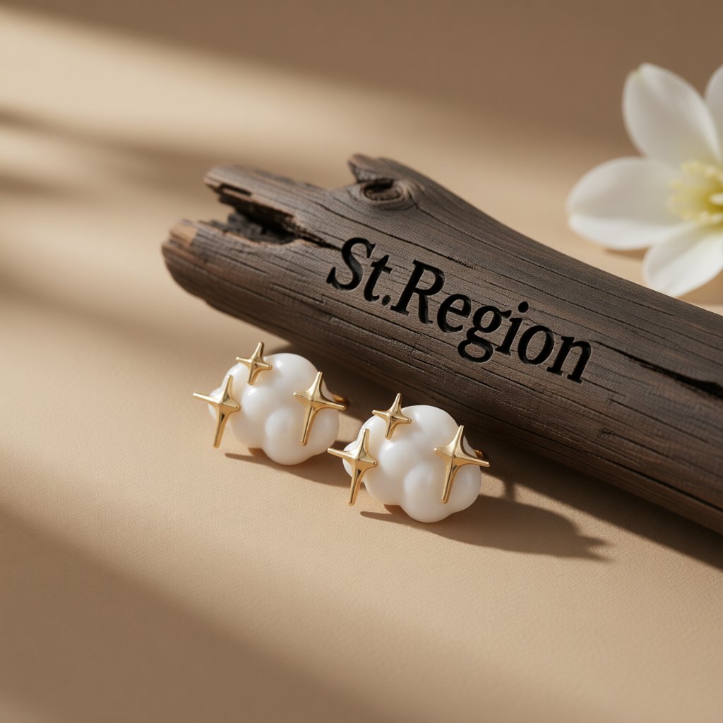 White Acrylic and 18K Gold-Plated Cloud Star Stud Earrings, gold stud earrings for women, everyday style, front view