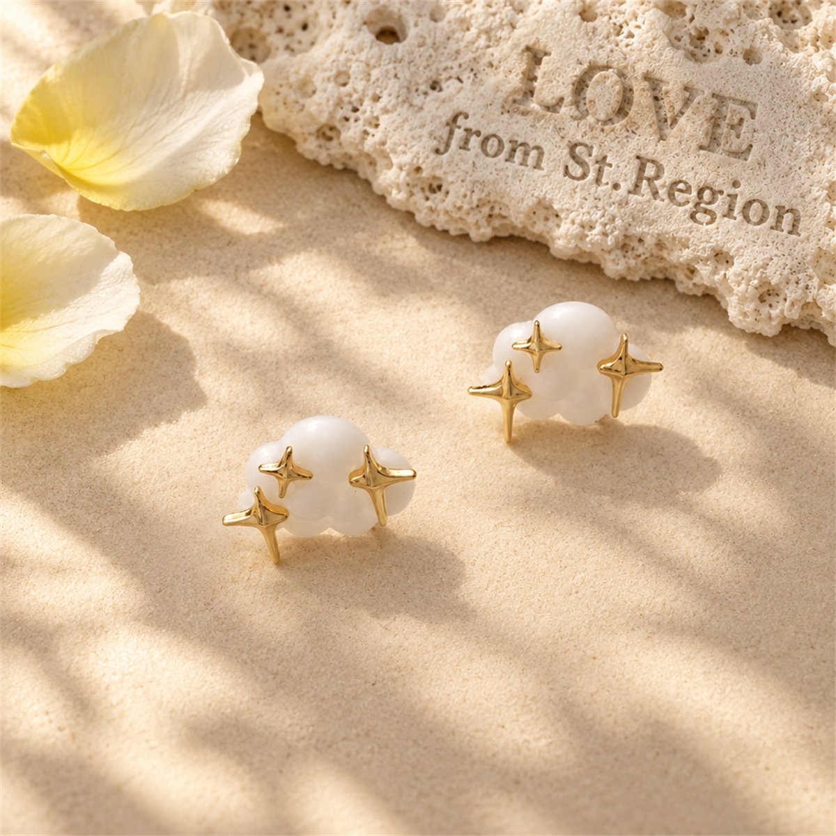 White Acrylic and 18K Gold-Plated Cloud Star Stud Earrings, gold stud earrings for women, everyday style, lifestyle look
