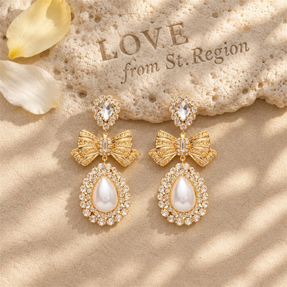 Cubic Zirconia and Crystal Pearl 18K Gold-Plated Bow Drop Dangle Earring, gold drop earrings for women, lifestyle look