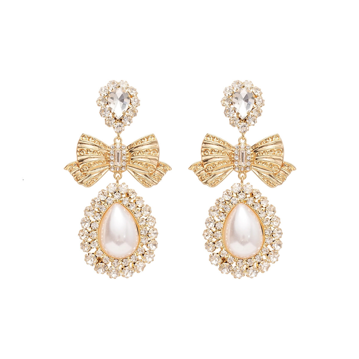 Cubic Zirconia and Crystal Pearl 18K Gold-Plated Bow Drop Dangle Earring, gold drop earrings for women, side view