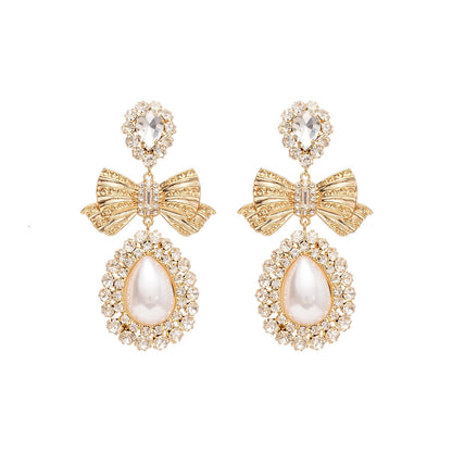 Cubic Zirconia and Crystal Pearl 18K Gold-Plated Bow Drop Dangle Earring, gold drop earrings for women, side view