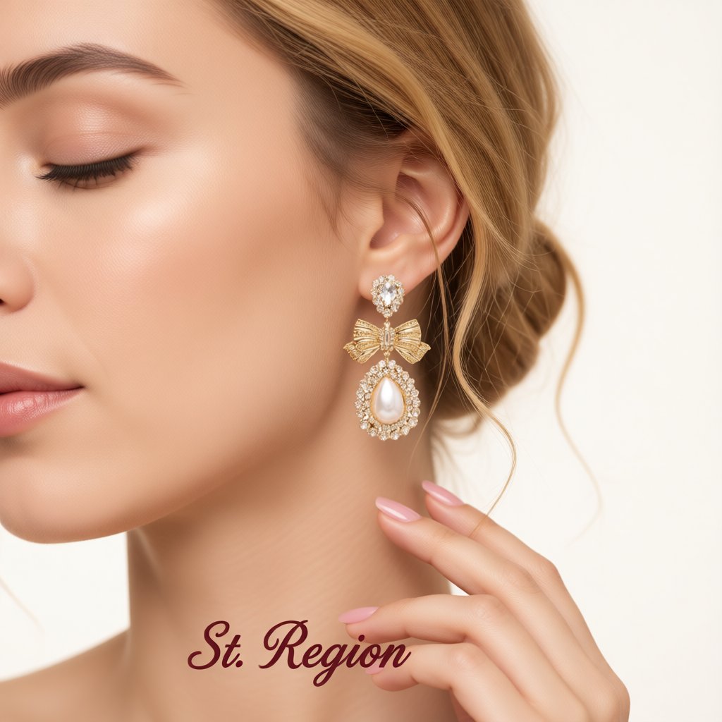 Cubic Zirconia and Crystal Pearl 18K Gold-Plated Bow Drop Dangle Earring, gold drop earrings for women, styled look