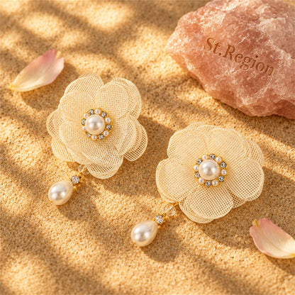 Cubic Zirconia and Pearl 18K Gold-Plated Flower Drop Earrings, gold drop earrings for women, detail close-up