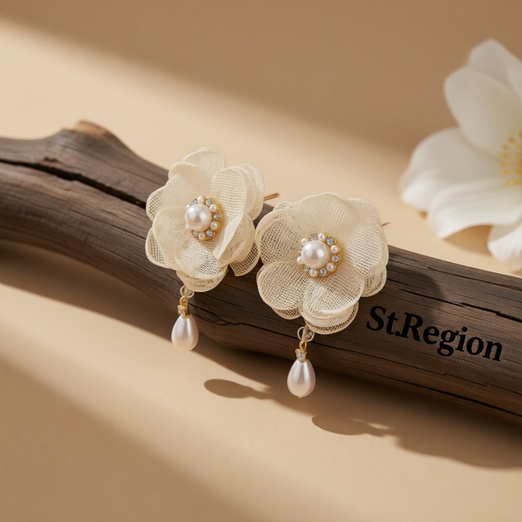 Cubic Zirconia and Pearl 18K Gold-Plated Flower Drop Earrings, gold drop earrings for women, front view