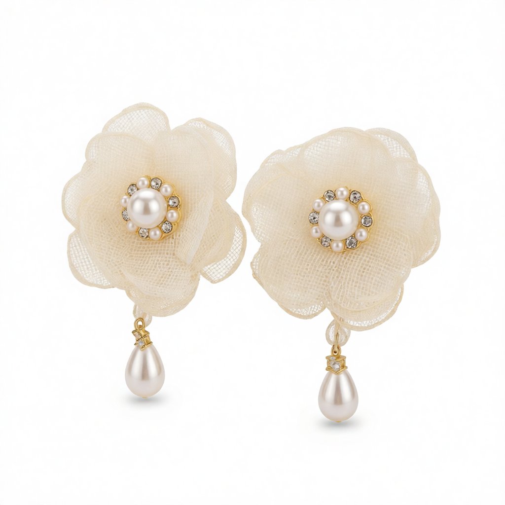 Cubic Zirconia and Pearl 18K Gold-Plated Flower Drop Earrings, gold drop earrings for women, side view