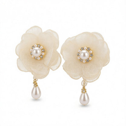 Cubic Zirconia and Pearl 18K Gold-Plated Flower Drop Earrings, gold drop earrings for women, side view