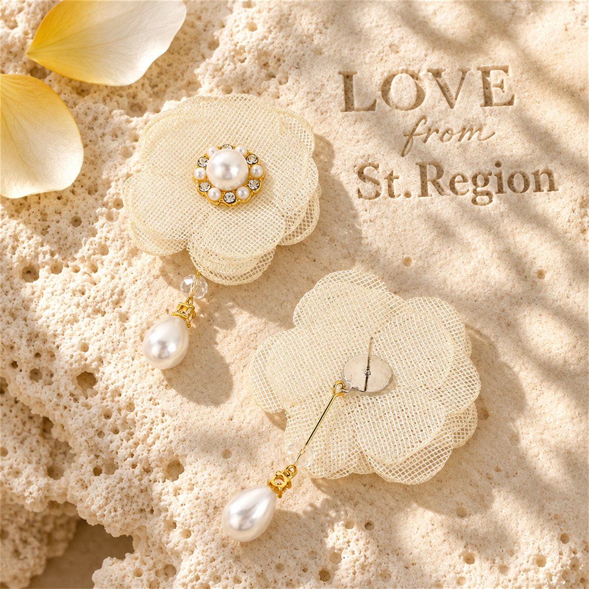 Cubic Zirconia and Pearl 18K Gold-Plated Flower Drop Earrings, gold drop earrings for women, lifestyle look