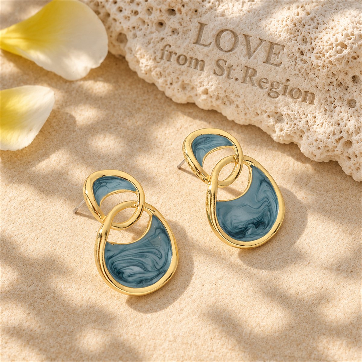 Azure Enamel and 18K Gold-Plated Double-Oval Drop Earrings, gold drop earrings for women, lifestyle look