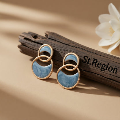 Azure Enamel and 18K Gold-Plated Double-Oval Drop Earrings, gold drop earrings for women, elegant gift for her, front view