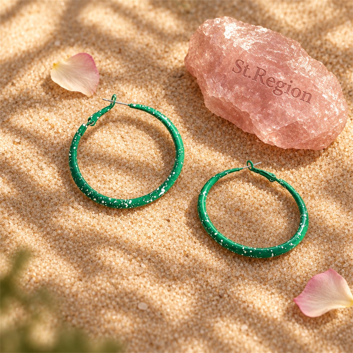 Green Enamel and Silver-Plated Hoop Earrings, silver hoop earrings for women, everyday style, detail close-up
