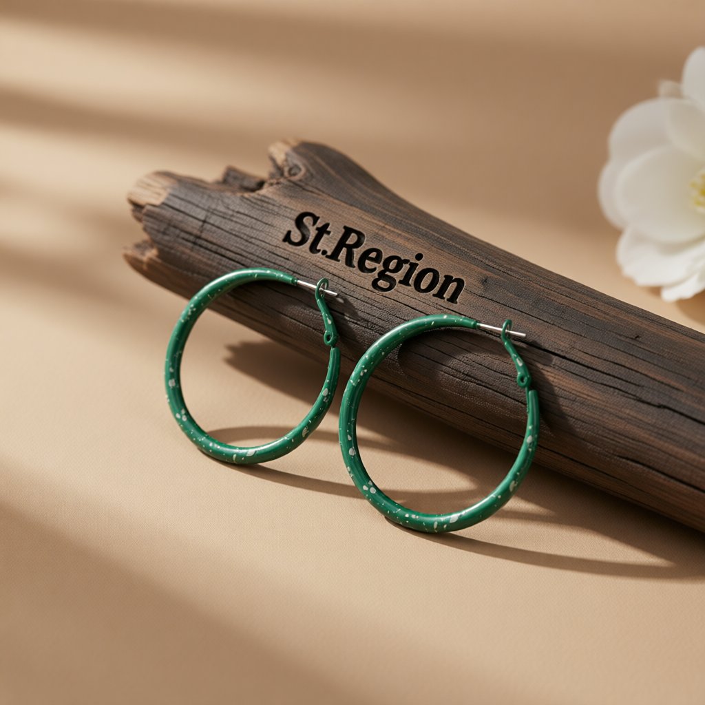 Green Enamel and Silver-Plated Hoop Earrings, silver hoop earrings for women, everyday style, front view
