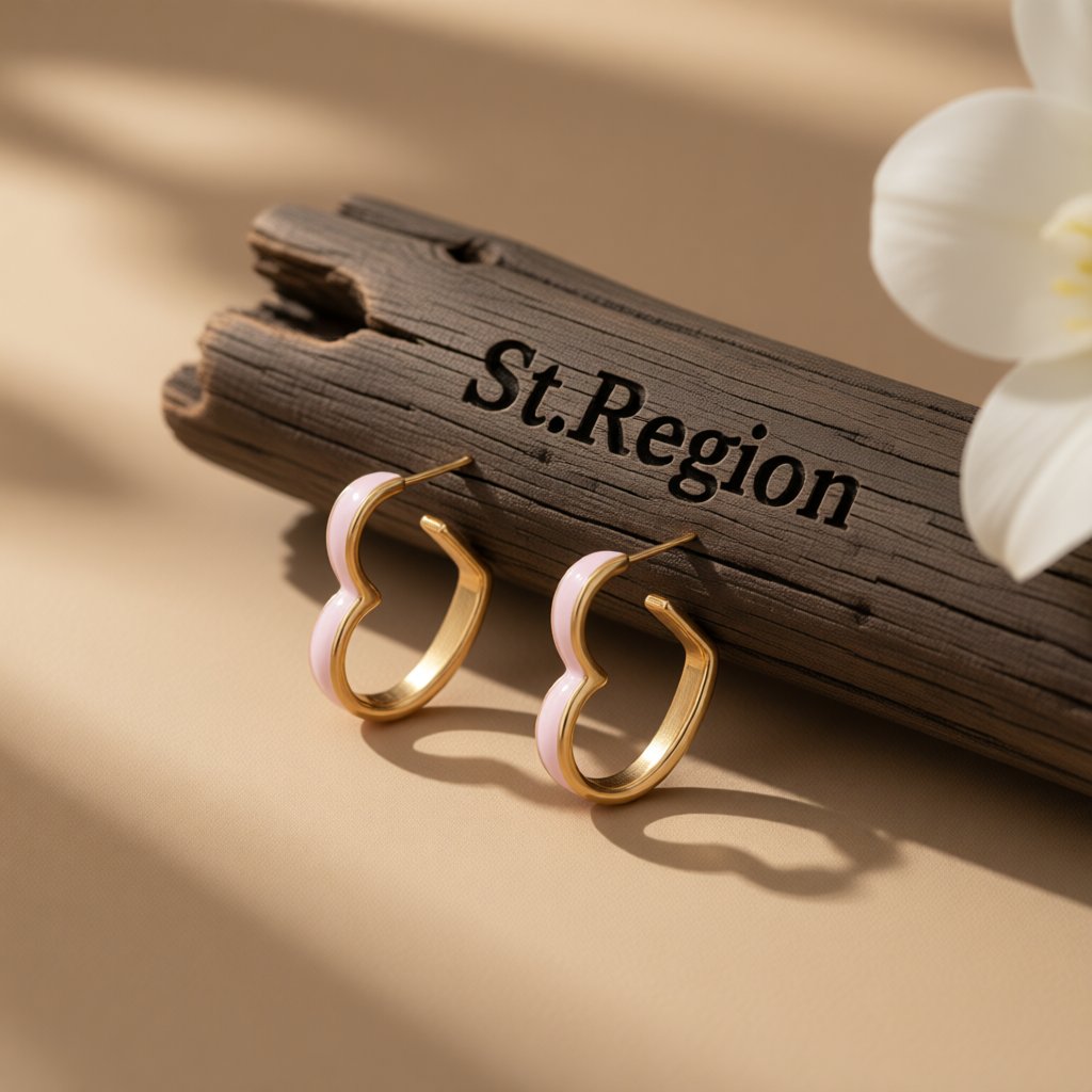 White Enamel and 18K Gold-Plated Heart Huggie Earrings, gold huggie earrings, botanical inspired, front view