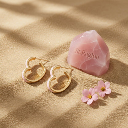 White Enamel and 18K Gold-Plated Heart Huggie Earrings, gold huggie earrings, botanical inspired, detail close-up