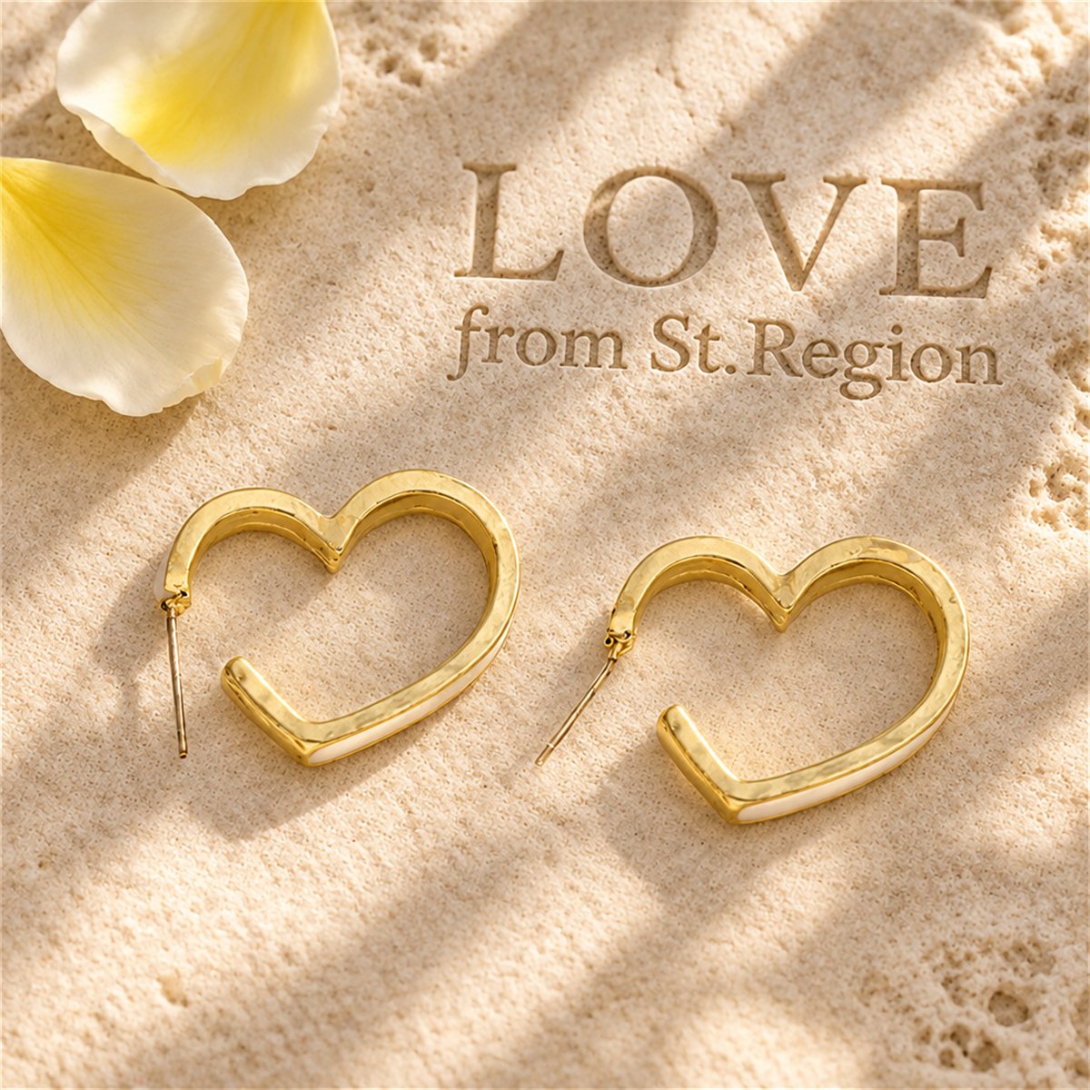 White Enamel and 18K Gold-Plated Heart Huggie Earrings, gold huggie earrings, botanical inspired, lifestyle look