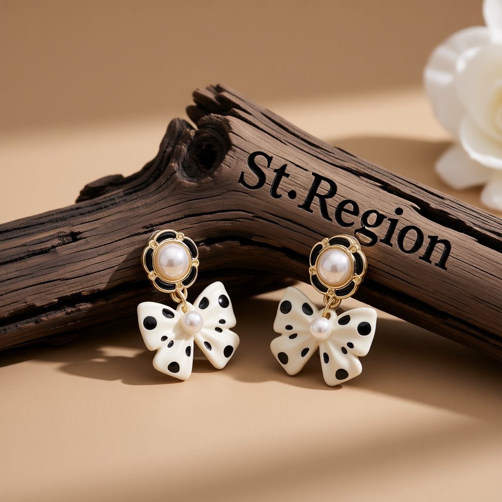 Pearl and Enamel 18K Gold-Plated White Bow Drop Earrings, gold drop earrings for women, everyday style, front view