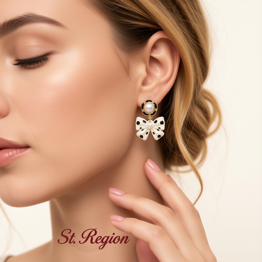 Pearl and Enamel 18K Gold-Plated White Bow Drop Earrings, gold drop earrings for women, everyday style, styled look