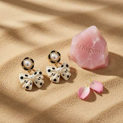 Pearl and Enamel 18K Gold-Plated White Bow Drop Earrings, gold drop earrings for women, everyday style, detail close-up