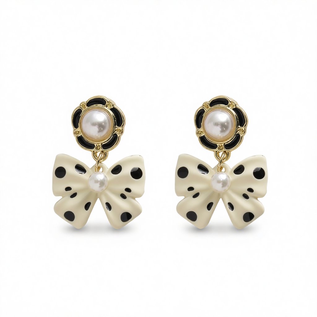 Pearl and Enamel 18K Gold-Plated White Bow Drop Earrings, gold drop earrings for women, everyday style, side view