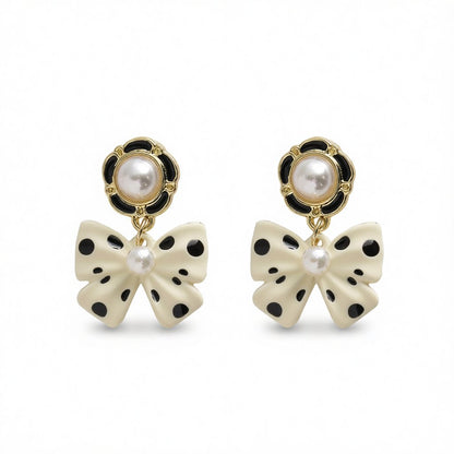 Pearl and Enamel 18K Gold-Plated White Bow Drop Earrings, gold drop earrings for women, everyday style, side view