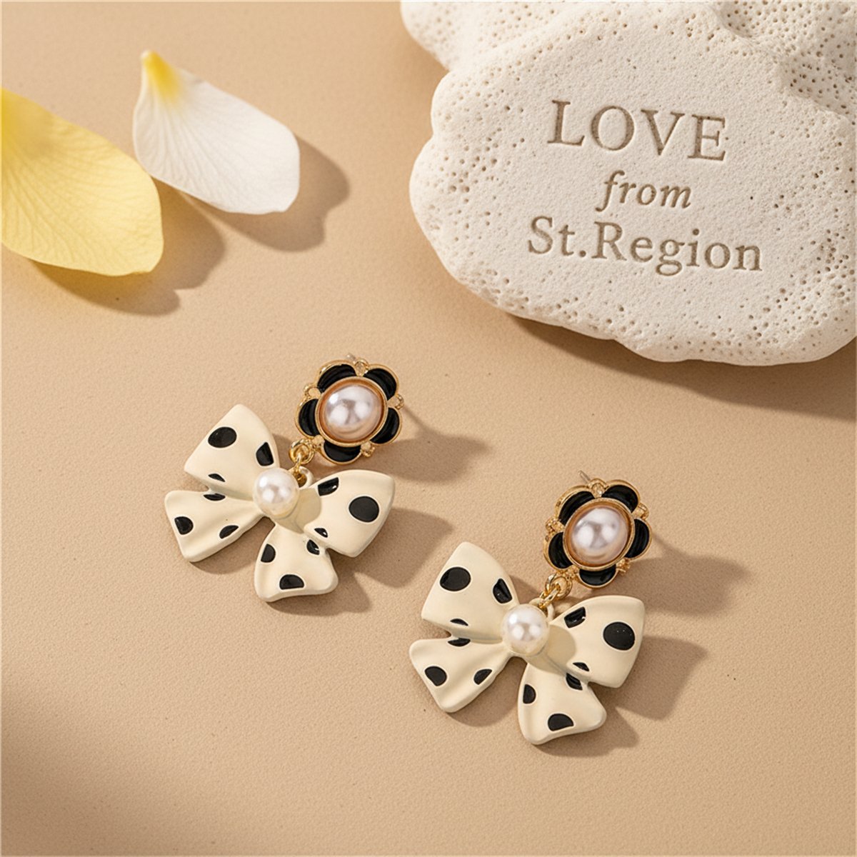Pearl and Enamel 18K Gold-Plated White Bow Drop Earrings, gold drop earrings for women, everyday style, lifestyle look