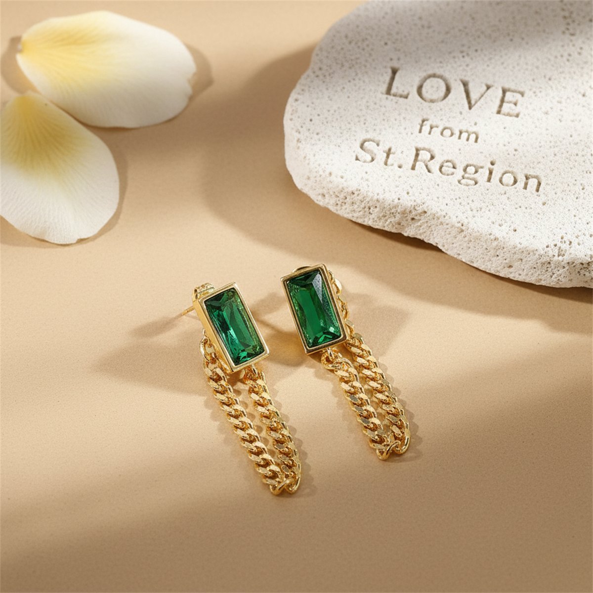 Green Crystal and 18K Gold-Plated Chain Ear Jackets, botanical inspired, lifestyle look