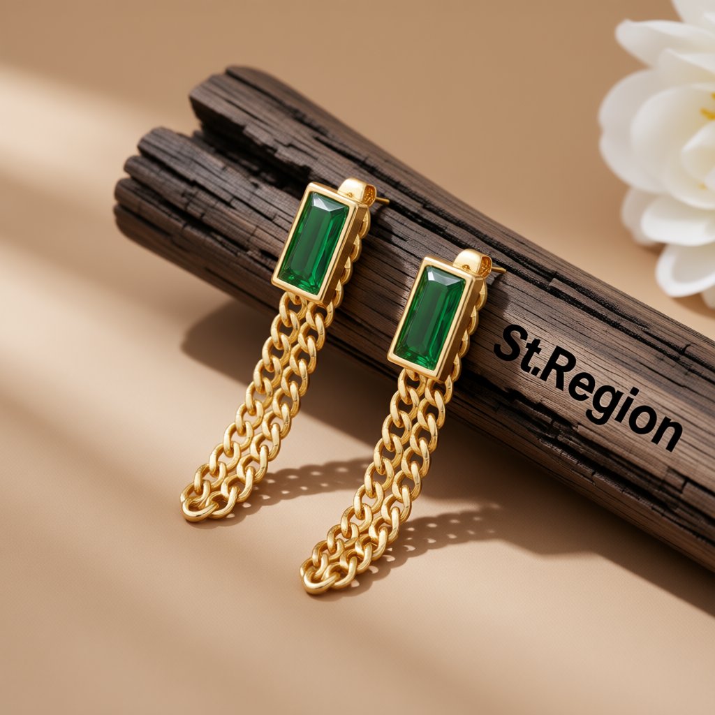 Green Crystal and 18K Gold-Plated Chain Ear Jackets, botanical inspired, front view