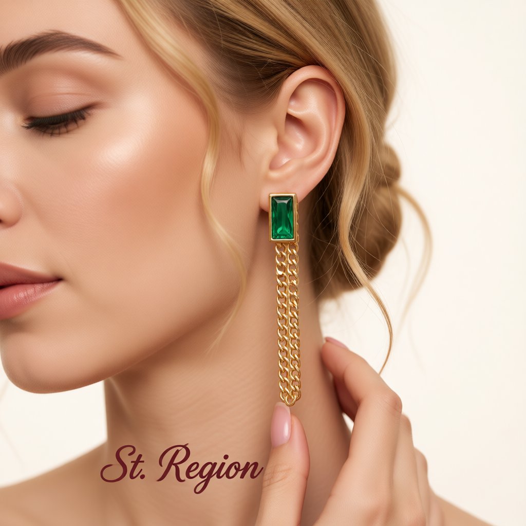 Green Crystal and 18K Gold-Plated Chain Ear Jackets, botanical inspired, styled look