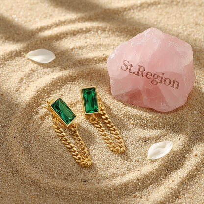 Green Crystal and 18K Gold-Plated Chain Ear Jackets, botanical inspired, detail close-up