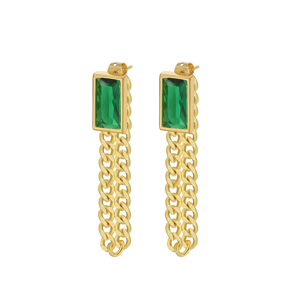 Green Crystal and 18K Gold-Plated Chain Ear Jackets, botanical inspired, side view