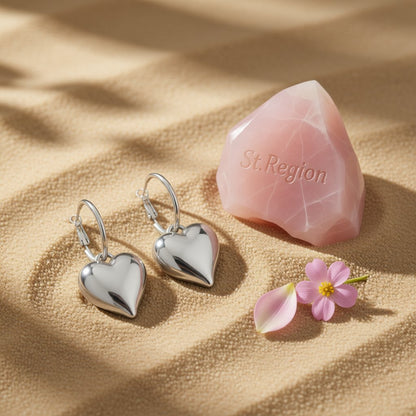 Silver-Plated Heart Huggie Earrings, silver huggie earrings, elegant gift for her, detail close-up