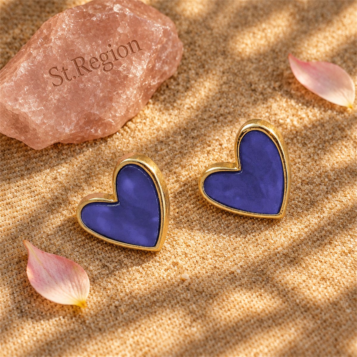 Blue Acrylic and 18K Gold-Plated Heart Stud Earrings, gold stud earrings for women, everyday style, detail close-up