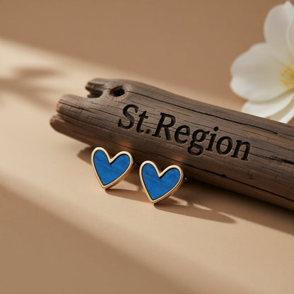 Blue Acrylic and 18K Gold-Plated Heart Stud Earrings, gold stud earrings for women, everyday style, front view