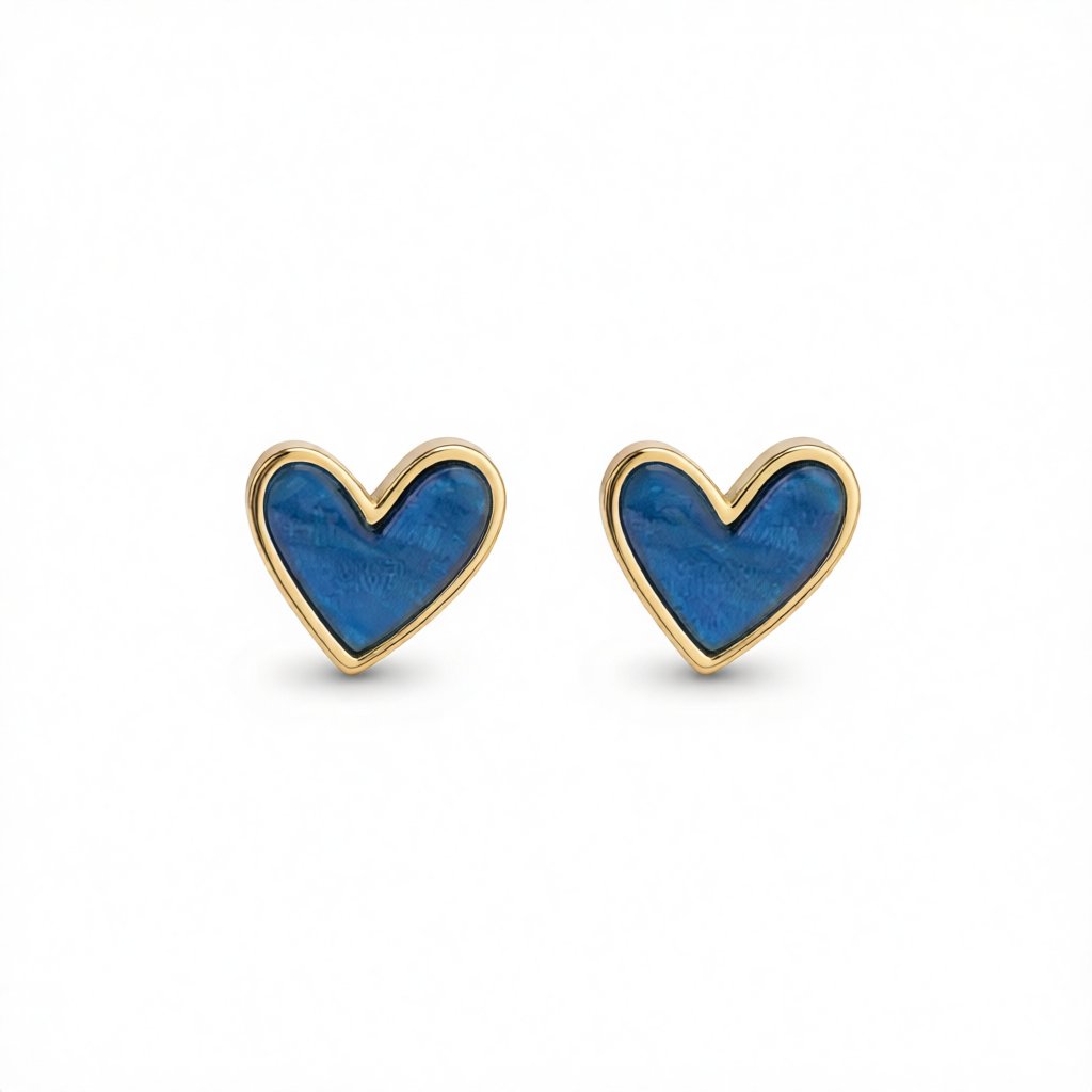 Blue Acrylic and 18K Gold-Plated Heart Stud Earrings, gold stud earrings for women, everyday style, side view