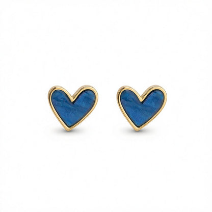 Blue Acrylic and 18K Gold-Plated Heart Stud Earrings, gold stud earrings for women, everyday style, side view