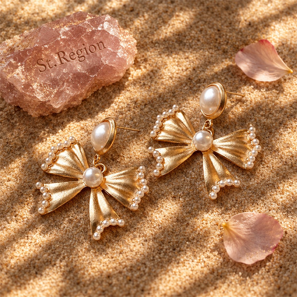 Pearl and 18K Gold-Plated Bow Drop Earrings, gold drop earrings for women, botanical inspired, detail close-up