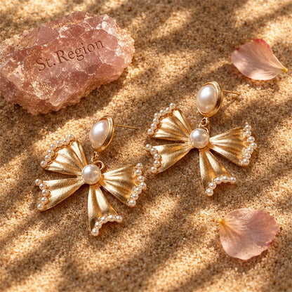 Pearl and 18K Gold-Plated Bow Drop Earrings, gold drop earrings for women, botanical inspired, detail close-up