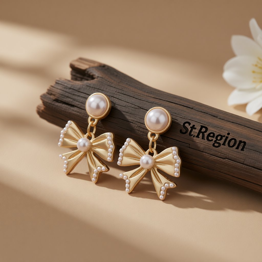 Pearl and 18K Gold-Plated Bow Drop Earrings, gold drop earrings for women, botanical inspired, front view