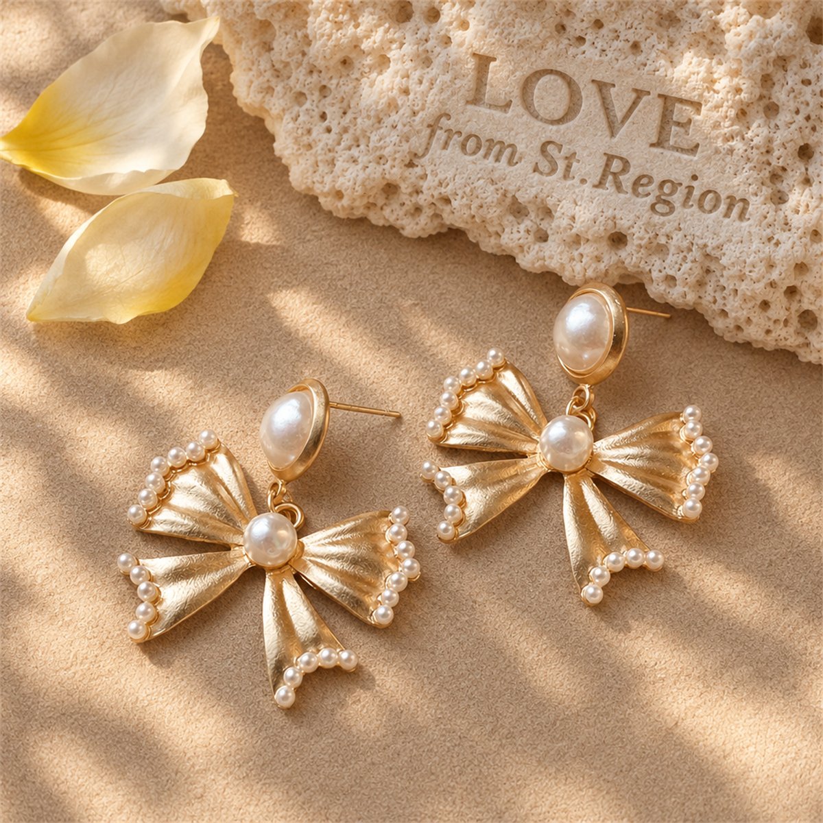 Pearl and 18K Gold-Plated Bow Drop Earrings, gold drop earrings for women, botanical inspired, lifestyle look