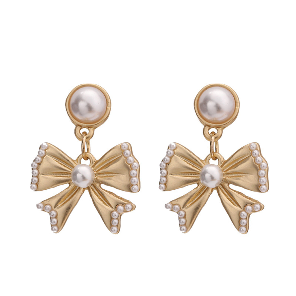 Pearl and 18K Gold-Plated Bow Drop Earrings, gold drop earrings for women, botanical inspired, side view