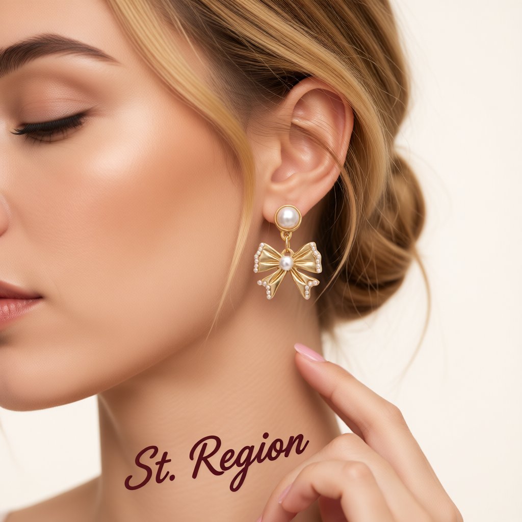 Pearl and 18K Gold-Plated Bow Drop Earrings, gold drop earrings for women, botanical inspired, styled look