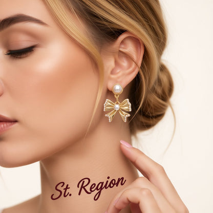 Pearl and 18K Gold-Plated Bow Drop Earrings, gold drop earrings for women, botanical inspired, styled look