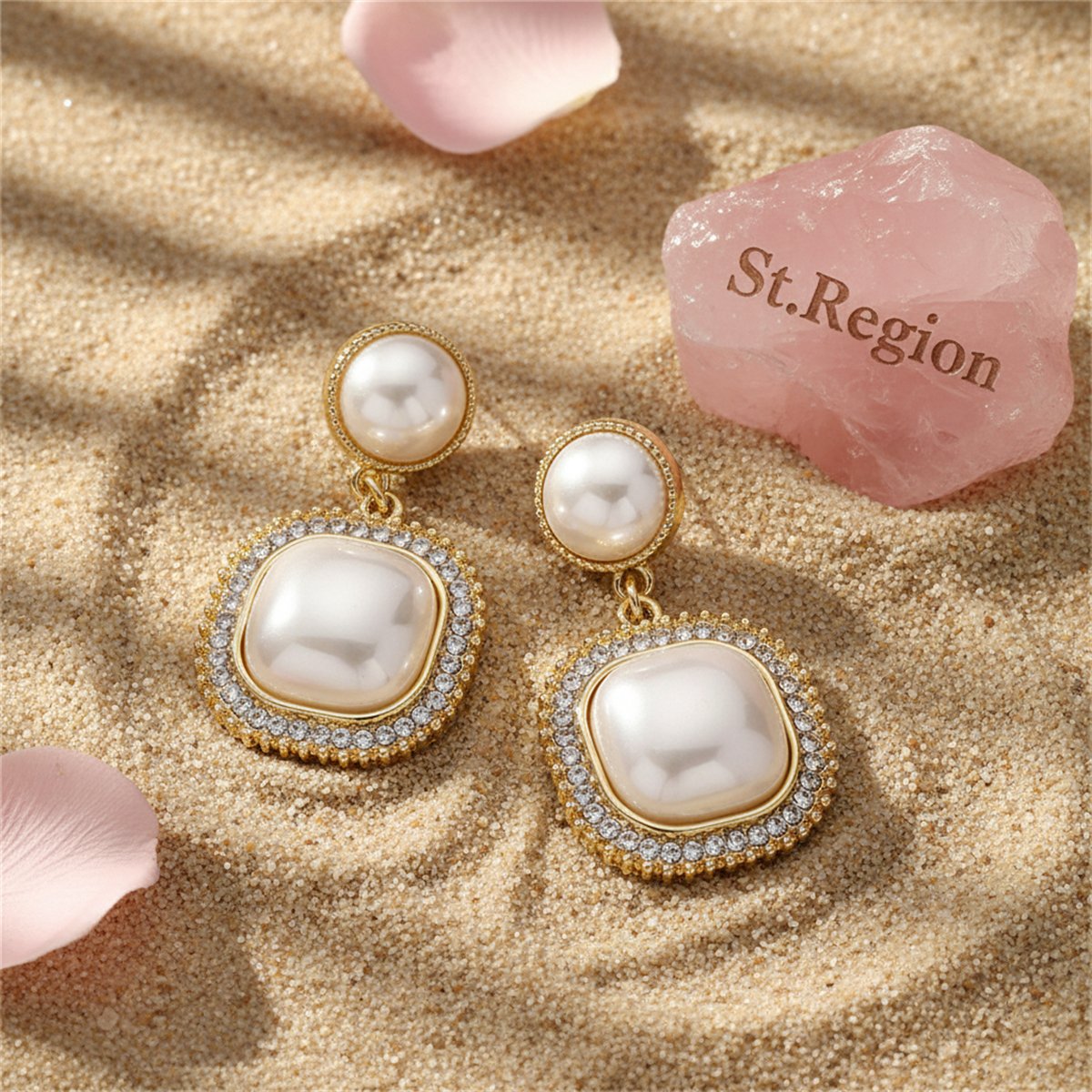 Cubic Zirconia and Pearl 18K Gold-Plated Halo Square Drop Earrings, gold drop earrings for women, detail close-up