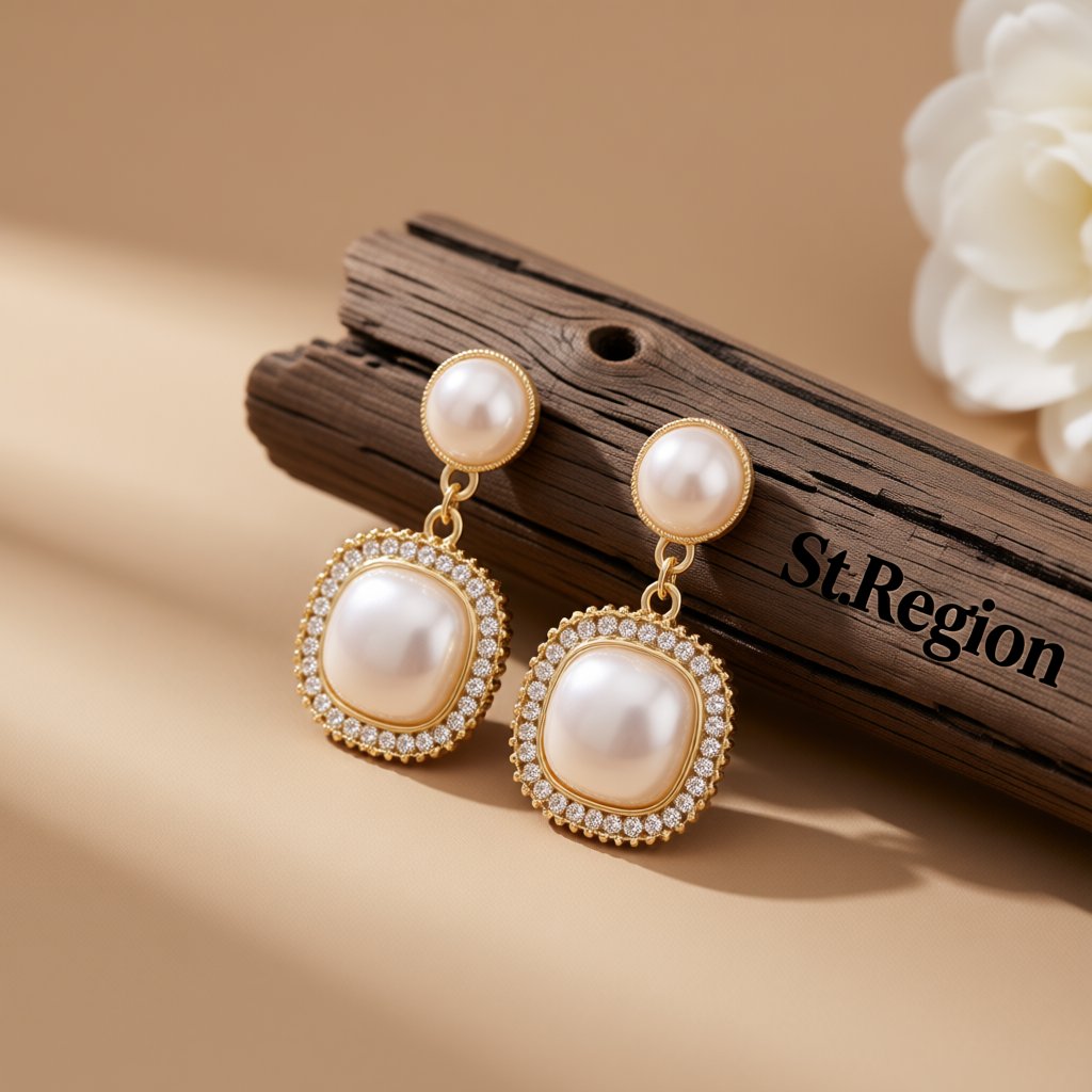 Cubic Zirconia and Pearl 18K Gold-Plated Halo Square Drop Earrings, gold drop earrings for women, front view