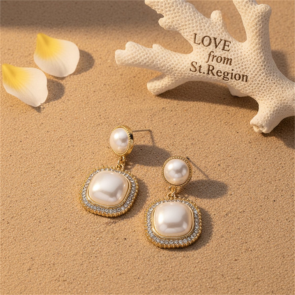 Cubic Zirconia and Pearl 18K Gold-Plated Halo Square Drop Earrings, gold drop earrings for women, lifestyle look