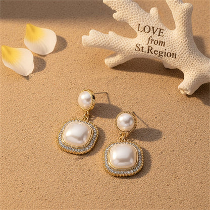 Cubic Zirconia and Pearl 18K Gold-Plated Halo Square Drop Earrings, gold drop earrings for women, lifestyle look