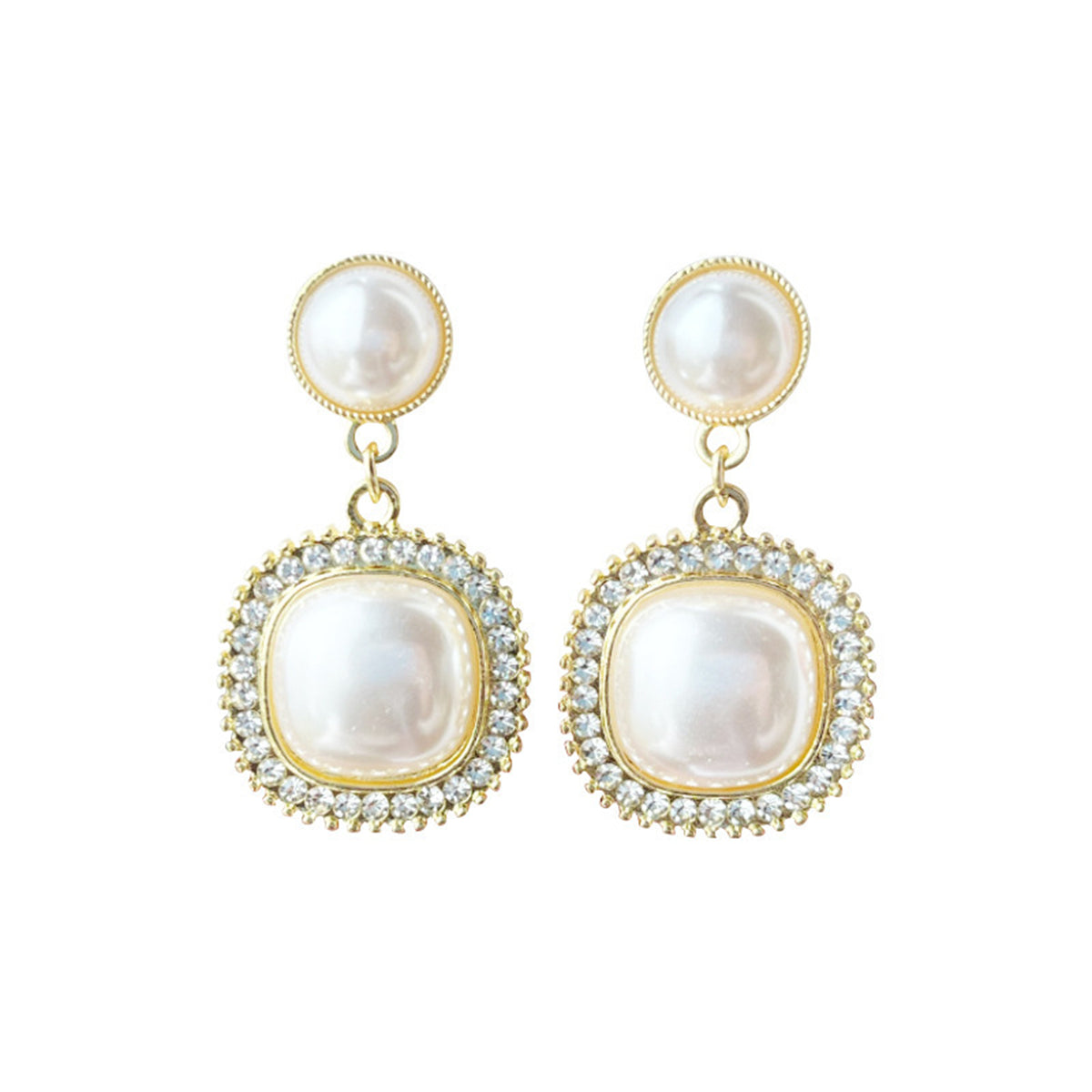 Cubic Zirconia and Pearl 18K Gold-Plated Halo Square Drop Earrings, gold drop earrings for women, side view