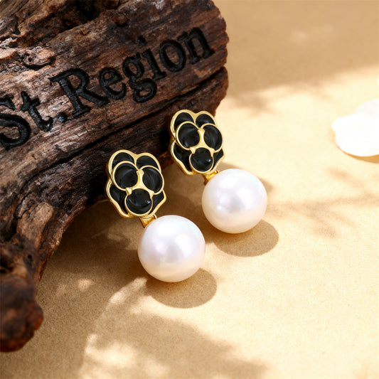 White Pearl & Black Enamel 18K Gold-Plated Flower Drop Earrings
