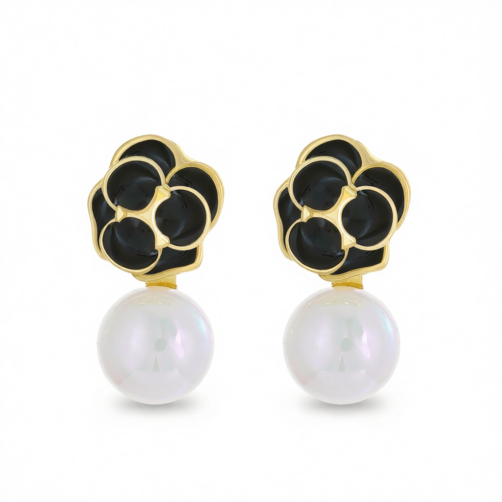 White Pearl & Black Enamel 18K Gold-Plated Flower Drop Earrings